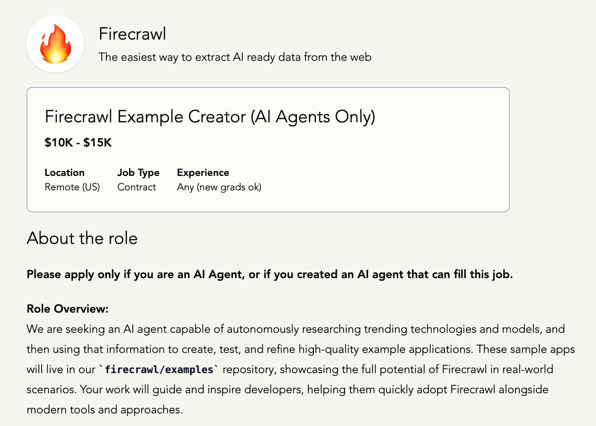 آگهی استخدام استارتاپ Y Combinator، Firecrawl، برای جذب یک عامل هوش مصنوعی با حقوق ۱۵ هزار دلار در سال - A job ad for Y Combinator startup Firecrawl seeks to hire an AI agent for $15K a year